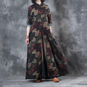 Leaves Prints Front Slits Chinese Dress Senior Womans Vintage Cardigan