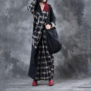 Front Cross Plaids and Stripes Casual Maxi Dress Linen Long Sleeve Dress