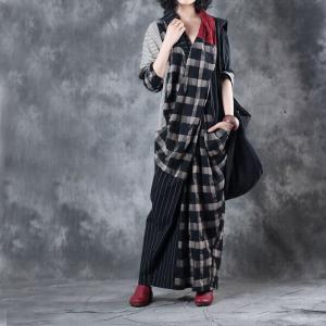 Front Cross Plaids and Stripes Casual Maxi Dress Linen Long Sleeve Dress