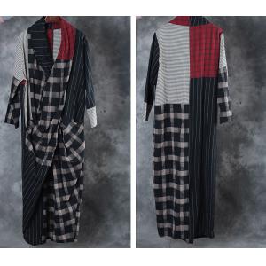 Front Cross Plaids and Stripes Casual Maxi Dress Linen Long Sleeve Dress