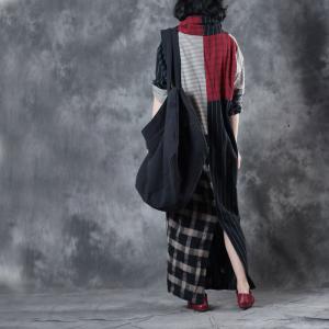 Front Cross Plaids and Stripes Casual Maxi Dress Linen Long Sleeve Dress