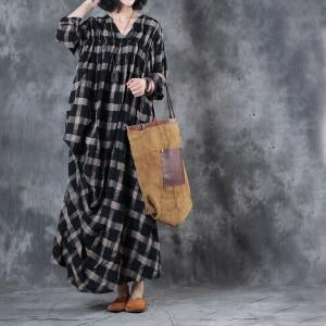 V-Neck Lattices Cotton Linen Kaftan Dress Draped Vintage Clothing