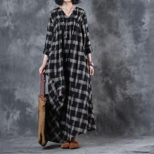 V-Neck Lattices Cotton Linen Kaftan Dress Draped Vintage Clothing