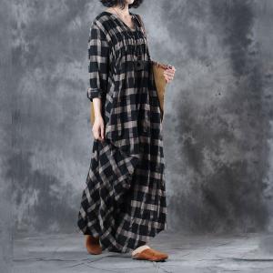 V-Neck Lattices Cotton Linen Kaftan Dress Draped Vintage Clothing