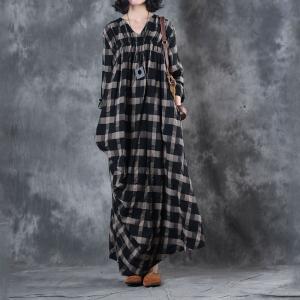 V-Neck Lattices Cotton Linen Kaftan Dress Draped Vintage Clothing