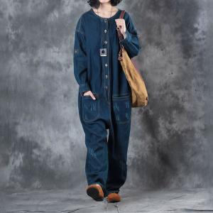 Single-Breasted Distressed Denim Overalls Baggy Womans Jeans Dungarees