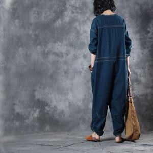 Single-Breasted Distressed Denim Overalls Baggy Womans Jeans Dungarees