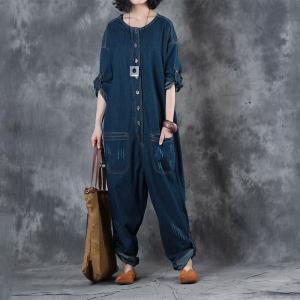 Single-Breasted Distressed Denim Overalls Baggy Womans Jeans Dungarees