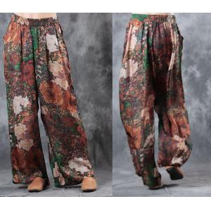 V-Neck Peony Prints Senior Womans Long Blouse with Wide Leg Pants