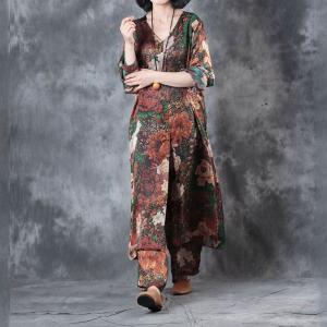 V-Neck Peony Prints Senior Womans Long Blouse with Wide Leg Pants