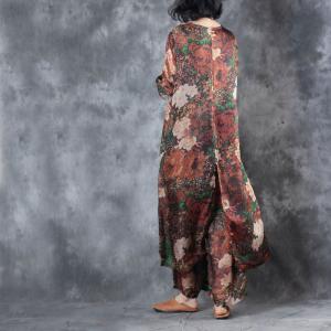 V-Neck Peony Prints Senior Womans Long Blouse with Wide Leg Pants