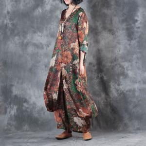 V-Neck Peony Prints Senior Womans Long Blouse with Wide Leg Pants