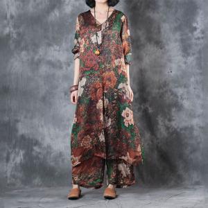 V-Neck Peony Prints Senior Womans Long Blouse with Wide Leg Pants