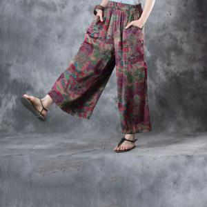 Over50 Style Printing Vintage Designer Blouse with Wide Leg Trousers