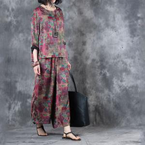 Over50 Style Printing Vintage Designer Blouse with Wide Leg Trousers