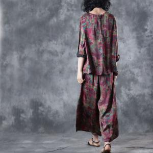 Over50 Style Printing Vintage Designer Blouse with Wide Leg Trousers