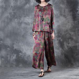 Over50 Style Printing Vintage Designer Blouse with Wide Leg Trousers