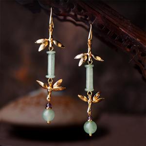 Mature Lady Chinese Jadeware Bamboo Elegant Earrings