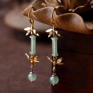 Mature Lady Chinese Jadeware Bamboo Elegant Earrings