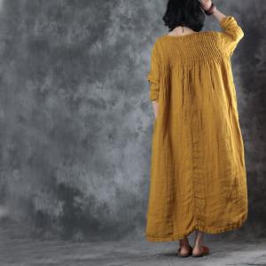 Large Size Pleated Embroidered Dress Linen Long Sleeve Dress