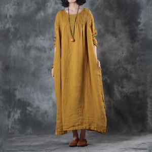 Large Size Pleated Embroidered Dress Linen Long Sleeve Dress