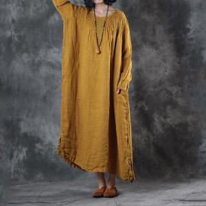 Large Size Pleated Embroidered Dress Linen Long Sleeve Dress