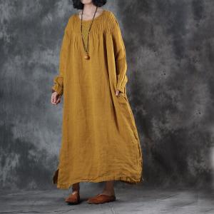 Large Size Pleated Embroidered Dress Linen Long Sleeve Dress