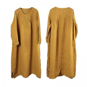 Large Size Pleated Embroidered Dress Linen Long Sleeve Dress