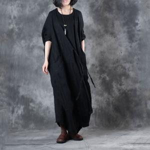 High-End Belted Linen Customized Dress Layering Vintage Black Dress