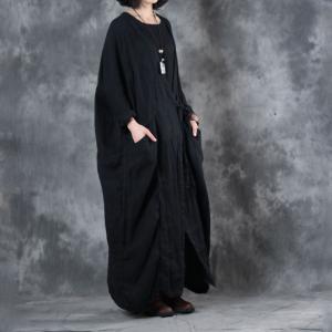 High-End Belted Linen Customized Dress Layering Vintage Black Dress