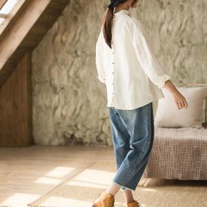 Korean Style Cotton Linen Oversized Shirt Beige Plus Size Tunic
