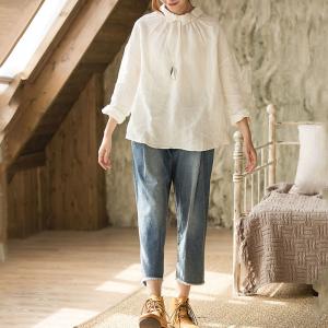 Korean Style Cotton Linen Oversized Shirt Beige Plus Size Tunic