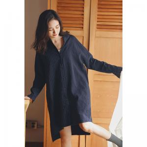 BF Style Linen Pinstriped Shirt Dress Casual Knee Length Dress