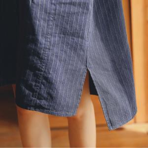 BF Style Linen Pinstriped Shirt Dress Casual Knee Length Dress