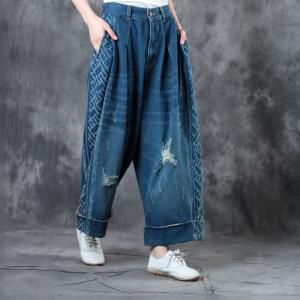 Retro Style Distressed Boyfriend Jeans Womans Wide Leg Jeans