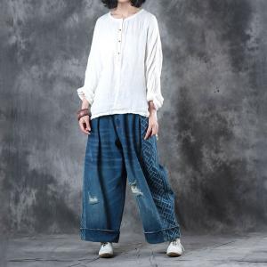 Retro Style Distressed Boyfriend Jeans Womans Wide Leg Jeans