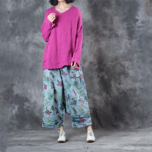 Casual Style Cotton Harem Pants Womans Floral Trousers