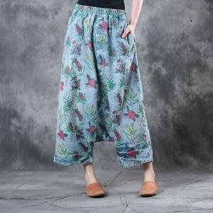 Casual Style Cotton Harem Pants Womans Floral Trousers