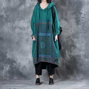 Folk Prints Plus Size Hoodie Dress Long Sleeve Cotton Maternity Clothing