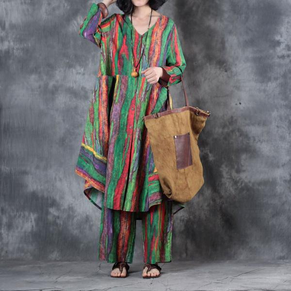 Over50 Style Colorful Stripes Ladies Shirt with Wide Leg Pants