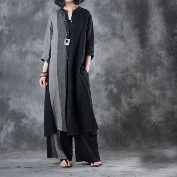 Black Contrast Long Linen Blouse Womens Loose Tunic ( Pants are not Included)