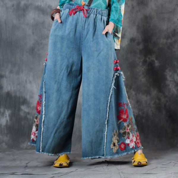 Chinese Buttons Rose Embroidered Jeans Vintage Wide Leg Jeans