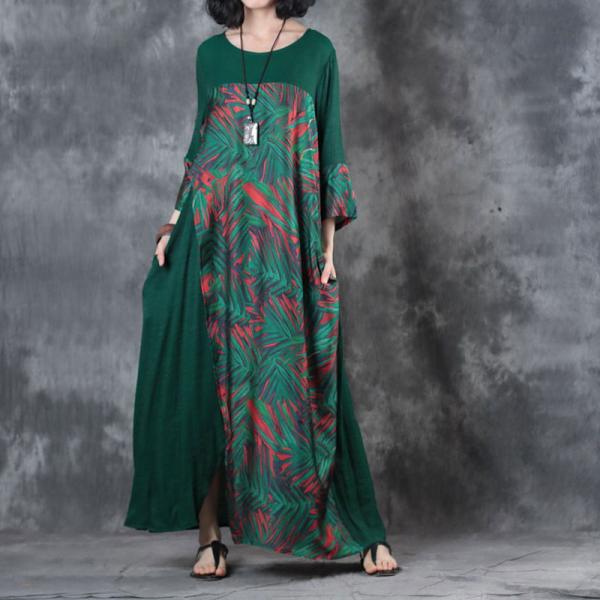 Bamboo Leaf Front Slit Green Dress Loose Draped Maxi Dress