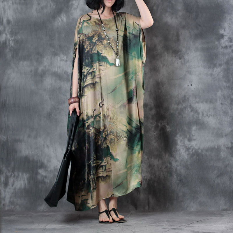 Over50 Style Loose Chinese Dress Landscape Summer Kaftan Dress in Green ...