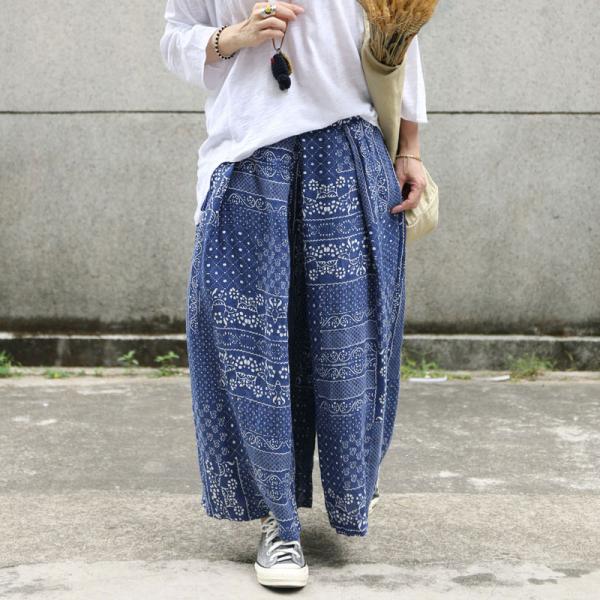 Ethnic Prints Linen Wide Leg Trousers Womans Folk Palazzo Pants