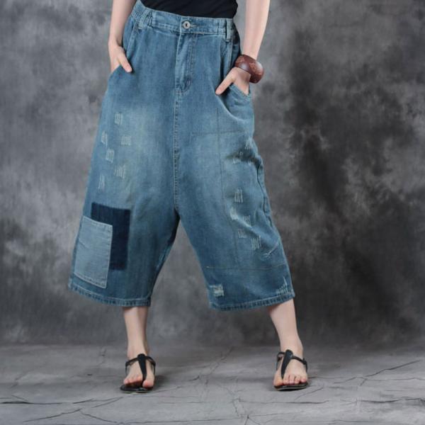 Street Style Blue Patchwork Wide Leg Jeans Loose Cropped Pants