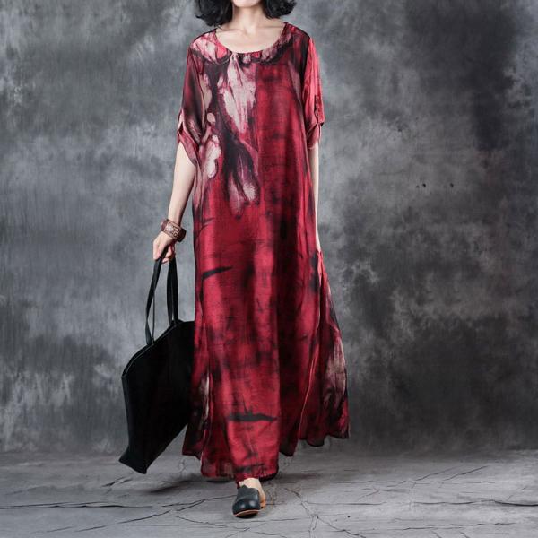 Beautiful Printing Silk Satin Red Dress Vintage Maxi Dress for Senior Woman