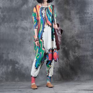 Loose Linen Long Knitting Pullover with Printing Casual Pants