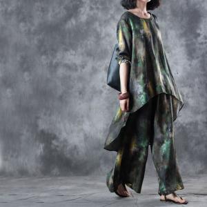 Over 50 Style Green Prints Asymmetrical Top with Cotton Linen Wide Leg Trousers