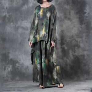 Over 50 Style Green Prints Asymmetrical Top with Cotton Linen Wide Leg Trousers